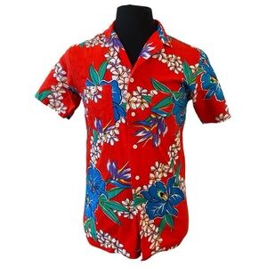SunForce Mens Vintage 1980s Hawaiian Shirt Size Medium Slim Fit Red Button Down